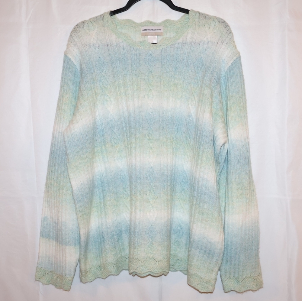 Alfred Dunner Pastel Ombré Striped Sweater-Green, Turquoise, Blue, & Cream. 1X.